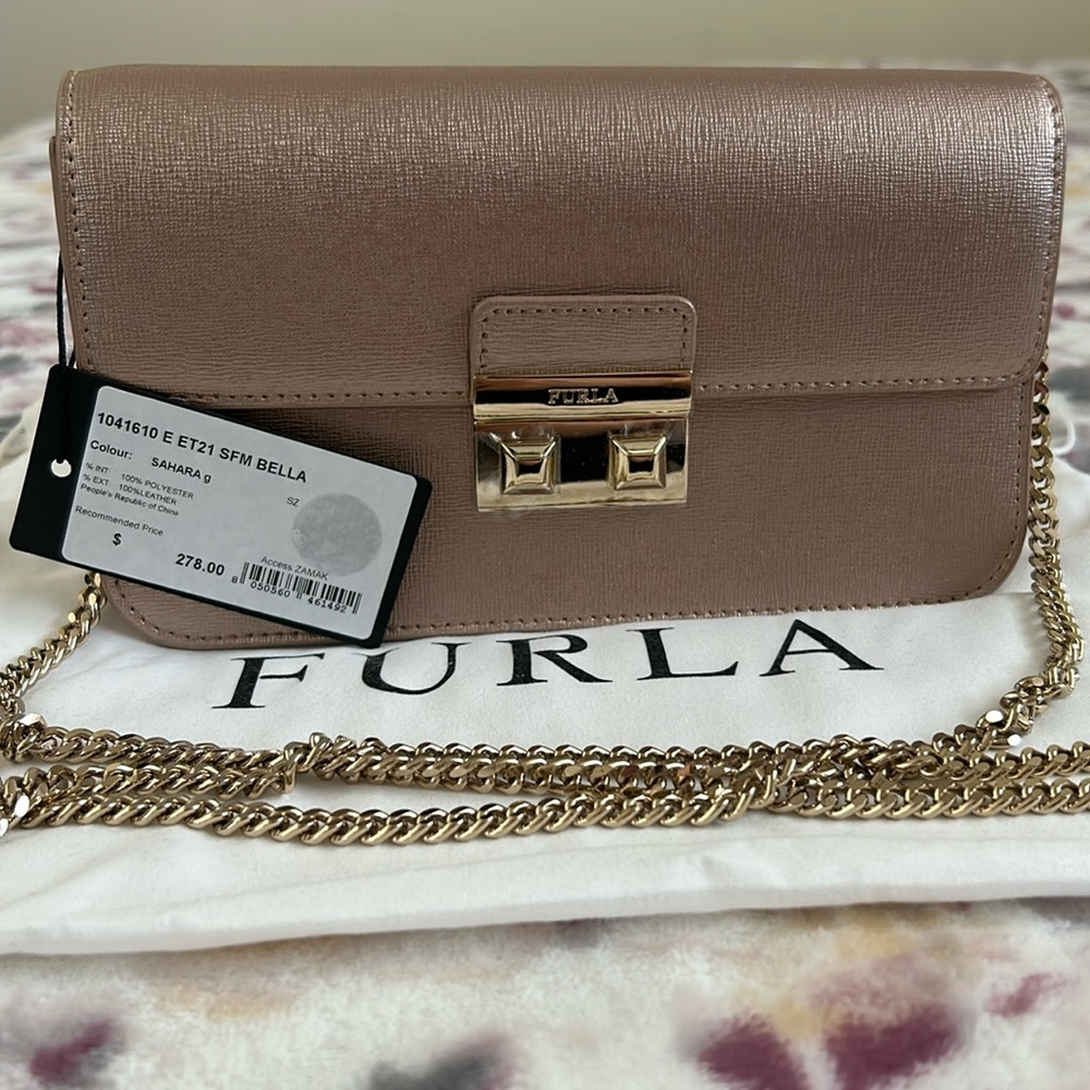 New Furla pink coated leather metallic crossbody convertible to clutch purse